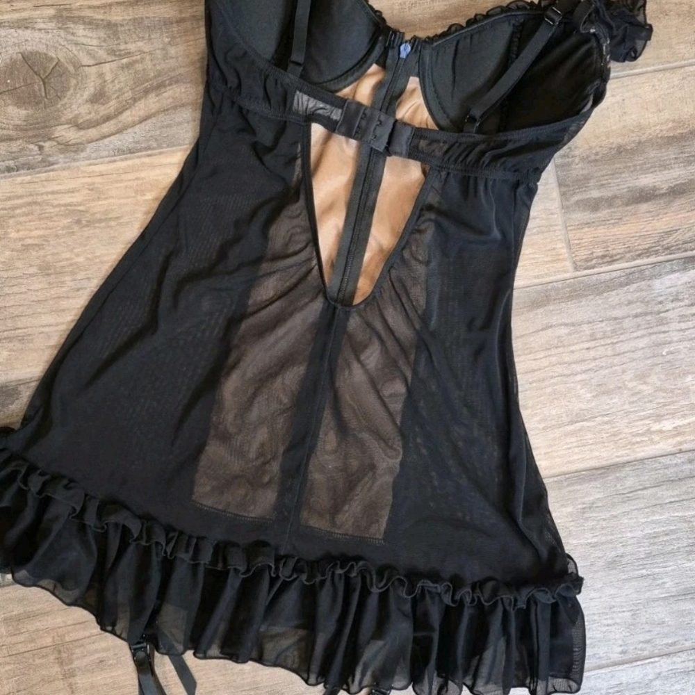 XS/S Vtg Frederick's of Hollywood Black & Gold Mesh Chemise Nightie Dress - Picture 9 of 12